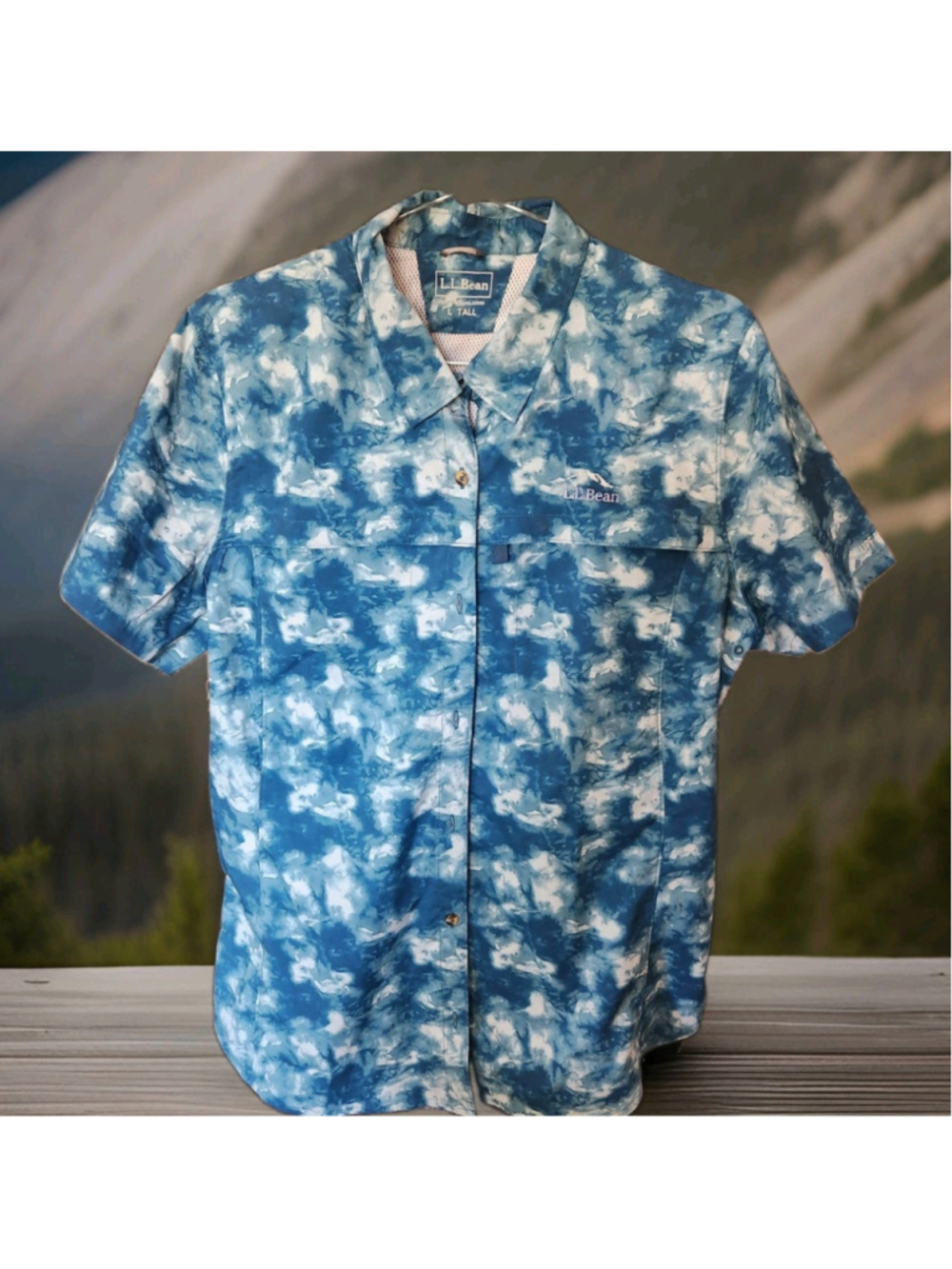 LL Bean Fishing Shirt Mens Cloud Camo Performance Large Tall Pockets Vented Zip